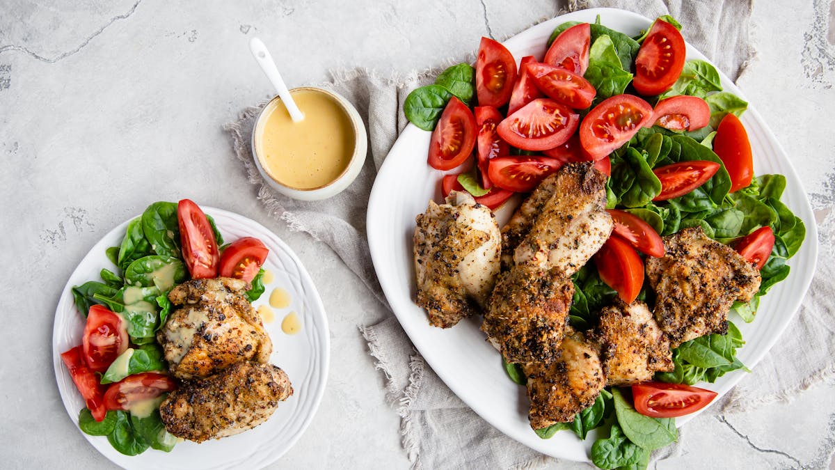 Keto crispy chicken with creamy dijon lemon dressing